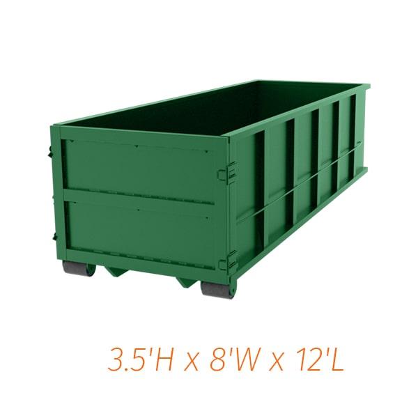 the 10 yard dumpsters are 12 feet long, 8 feet wide, and 5 feet tall